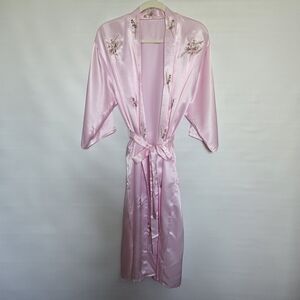 ROBE & CAMISOLE PAJAMA SET 100% SILK WOMEN PINK EMBROIDERED FLORAL DESIGN XXL
